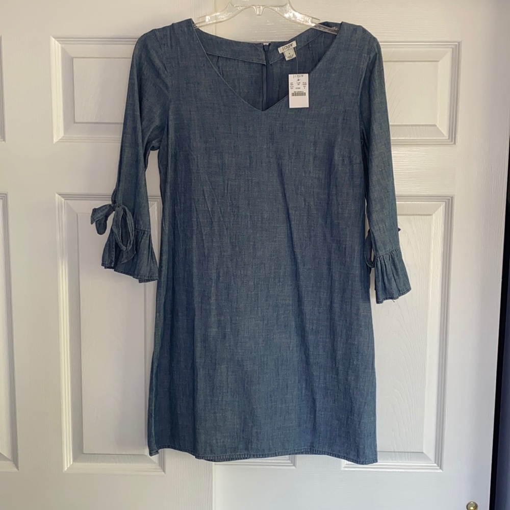 JCrew Chambray Ruffle Tie Sleeve Dress Blue Denim